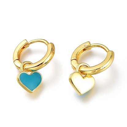 Brass Enamel Huggie Hoop Earrings, Long-Lasting Plated, Lead Free & Cadmium Free, Heart, Real 18K Gold Plated