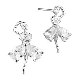 SHEGRACE 925 Sterling Silver Ear Studs, with Latin Dance Girl and AAA Cubic Zirconia Dress