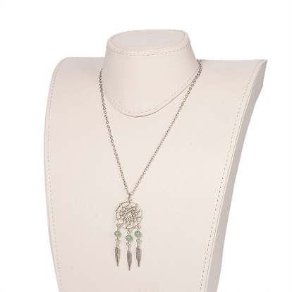 Iron Pendant Necklaces, with Alloy Leaf Findings and Natural Gemstones, 18.1 inch 