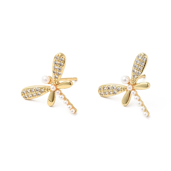 Rack Plating Brass Micro Pave Clear Cubic Zirconia Stud Earrings for Women, with Acrylic Beads, Cadmium Free & Lead Free, Dragonfly