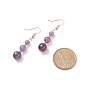 Natural Gemstone Round Beaded Long Dangle Earrings, Gold Plated Brass Jewelry for Women