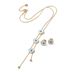 Evil Eye 304 Stainless Steel Jewelry Set, Natural Shell with Enamel Stud Earrings and Lariat Necklace