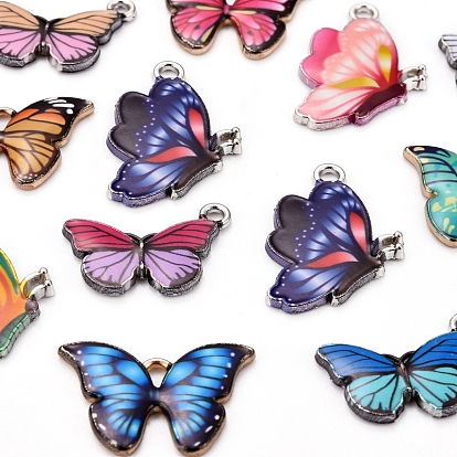 48Pcs 12 Styles Printed Alloy Pendants, with Enamel, Butterfly, Light Gold
