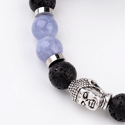 Bracelets extensibles à perles de lave naturelle, avec des perles de pierres précieuses naturelles et alliage buddha 3d perles de tête, argent antique, 55mm