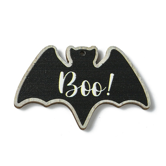 Gros pendentifs en bois imprimé simple face halloween, breloques en forme de chauve-souris avec boo
