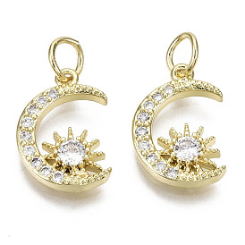 Brass Micro Pave Clear Cubic Zirconia Charms, with Jump Ring, Nickel Free, Moon with Sun