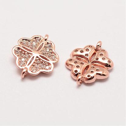 Brass Micro Pave Grade AAA Cubic Zirconia Links, Long-Lasting Plated, Clover, Cadmium Free & Nickel Free & Lead Free