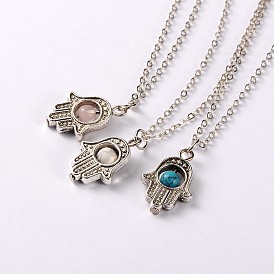 Tibetan Style Gemstone Palm Pendant Necklaces, with Brass Chains and Spring Ring Clasps, Antique Silver, 18 inch 