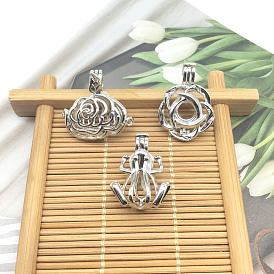 Brass Hollow Bead Cage Pendants, Flower/Frog Charm, for Chime Ball Pendant Necklaces Making, Platinum