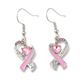 October Breast Cancer Pink Awareness Ribbon Alloy Dangle Earrings with Rhinestone