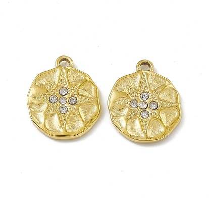 Vacuum Plating 201 Stainless Steel Pendants, Crystal Rhinestone Flat Round with Star Pattern Charms