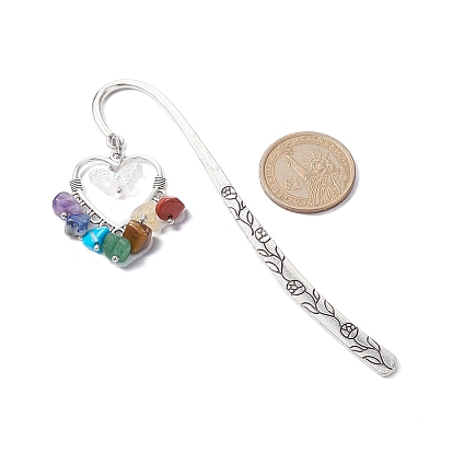 Marque-page pendentif en forme de cœur avec pompon perlé, puce de pierre précieuse chakra, avec papillon en acrylique, marque-pages à crochet en alliage de style tibétain à motif de fleurs
