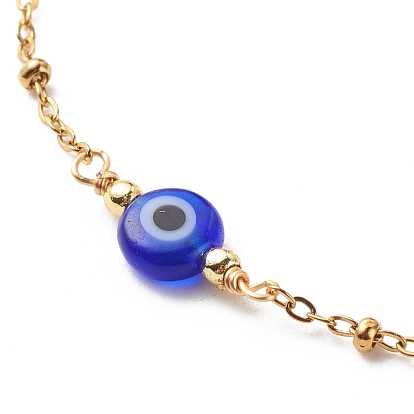 2Pcs 2 Style Brass Paperclip Chains & 304 Stainless Steel Satellite Chains Bracelets Set, Lampwork Evil Eye Beads Bracelets for Women, Golden