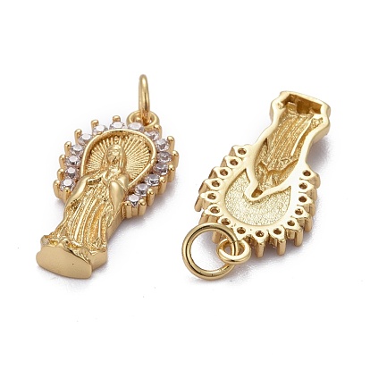 Brass Micro Pave Clear Cubic Zirconia Pendants, Long-Lasting Plated, for Religion, with Jump Rings, Virgin Mary