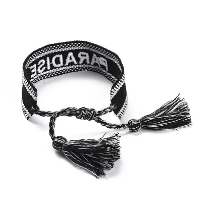 Word Paradise Polycotton(Polyester Cotton) Braided Bracelet with Tassel Charm, Flat Adjustable Wide Wristband for Couple