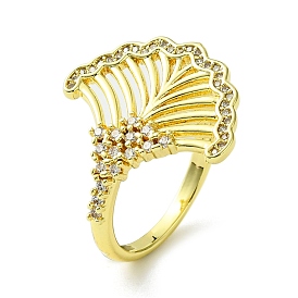 Brass Micro Pave Cubic Zirconia Open Cuff Rings, Hollow Leaf