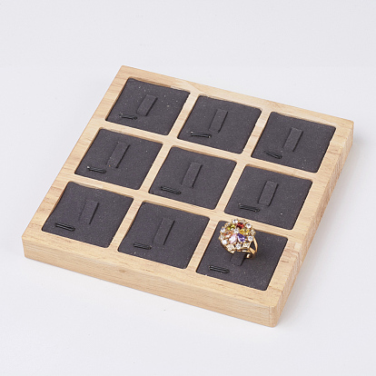 Wood Ring Displays, with Faux Suede, 9 Compartments, Square