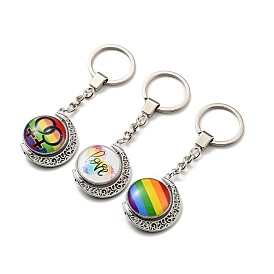 Pride Rainbow Alloy Glass Keychain, with Iron Key Rings, Rotatable, Flat Round with Moon