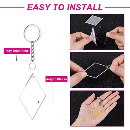 BENECREAT DIY Rhombus with Angle Acrylic Blank Pendant Keychain Making Kits, with Iron Split Key Rings
