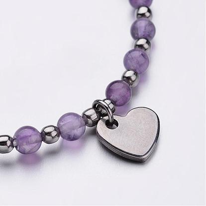 304 bracelets de charme d'acier inoxydable, cœur, avec des perles de pierres précieuses et de fils de fibres élastiques