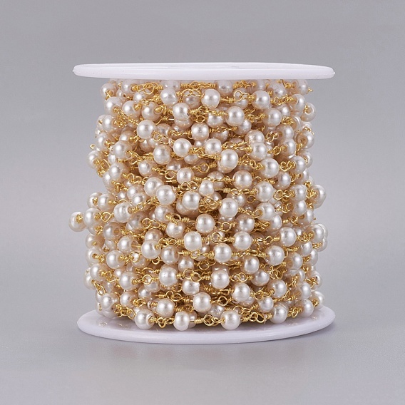 Chaînes perlées à la main en acrylique imitaion acrylique, non soudée, avec les accessoires en laiton, plaqué longue durée, ronde, avec bobine