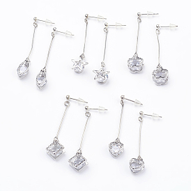 Alloy Cubic ZirconiaDangle Stud Earrings, with Brass Beads, Stainless Steel Pin and Plastic Ear Nuts