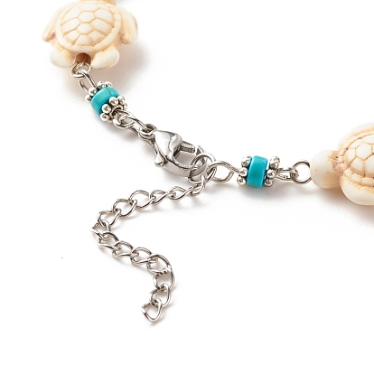 Bracelet de cheville perlé turquoise synthétique cœur et tortue, bracelet de cheville réglable pour femme, platine