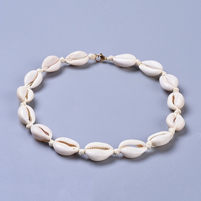 Cowrie Shell Beaded Necklaces, with Brass Lobster Claw Clasps and Eco-Friendly Korean Waxed Polyester Cord, Real 18K Gold Plated