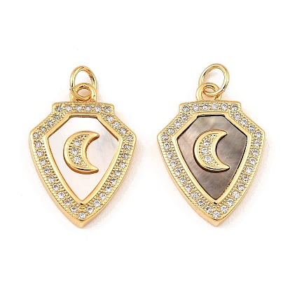 Brass Cubic Zirconia with Shell Pendants, Long-Lasting Plated, Lead Free & Cadmium Free, Shield with Moon