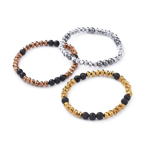 Faceted Rondelle Electroplate Glass Stretch Bracelets, with Round Gemstone Beads