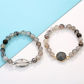 Natural Druzy Stone Beaded Bracelet with Dragon Vein Agate, Elastic Stretchy Jewelry