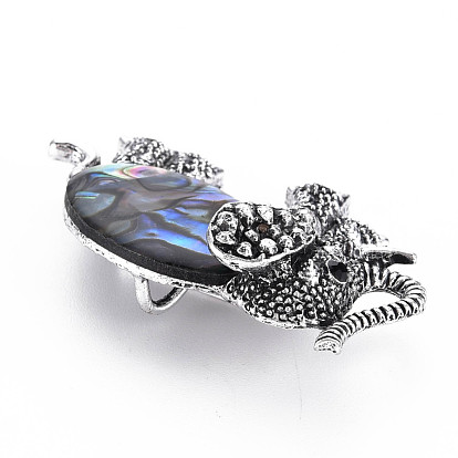 Elephant Alloy Rhinestone Brooch, Natural Shell Lapel Pin with Loop for Backpack Clothes Pendant Jewelry, Cadmium Free & Lead Free, Antique Silver