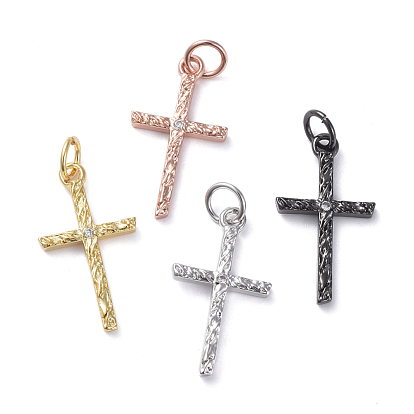 Brass Micro Pave Cubic Zirconia Pendants, Long-Lasting Plated, Real 18K Gold Plated, Cross, Clear