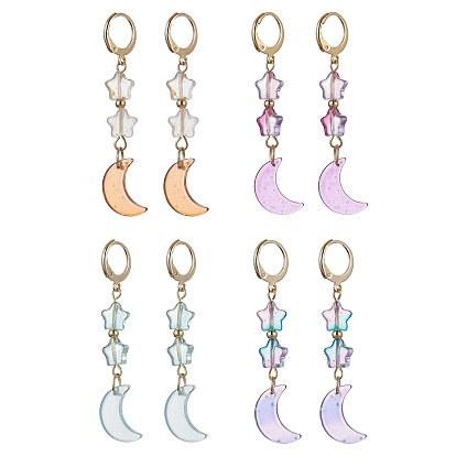 4 Pairs 4 Color Moon & Star Glass Dangle Leverback Earrings, 304 Stainless Steel Drop Earrings