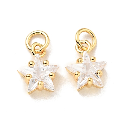 Eco-friendly Brass Micro Pave Cubic Zirconia Pendants, with Jump Ring, Cadmium Free & Lead Free, Real 18K Gold Plated, Star