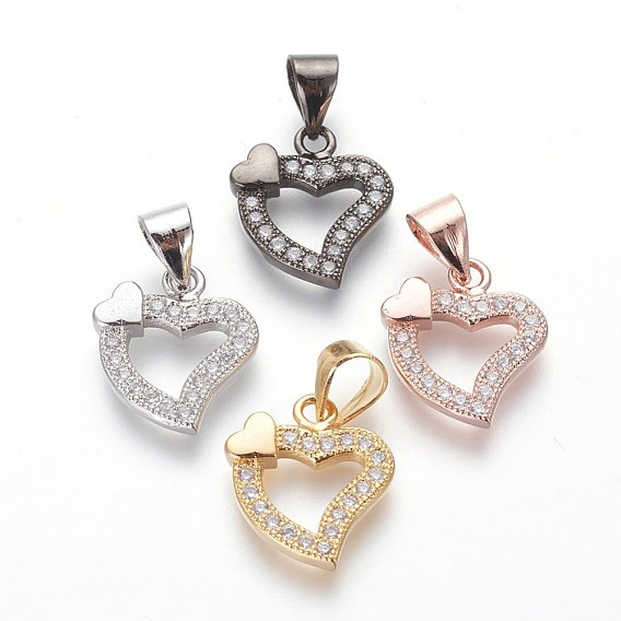 Brass Micro Pave Cubic Zirconia Charms, Lead Free & Cadmium Free, Clear, Heart