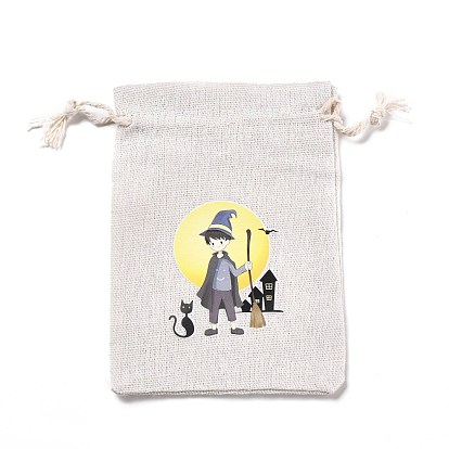 Halloween Cotton Cloth Storage Pouches, Rectangle Drawstring Bags, for Candy Gift Bags