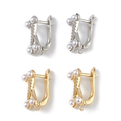 Brass Criss Cross Hoop Earring Findings, Latch Back with Clear Cubic Zirconia and Plastic Pearl Beaded, Lead Free & Cadmium Free