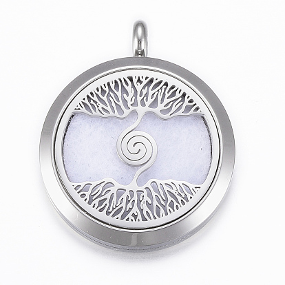 316 Surgical Stainless Steel Diffuser Locket Pendants, with Perfume Pad and Magnetic Clasps, Flat Round with Tree of Life, Stainless Steel Color