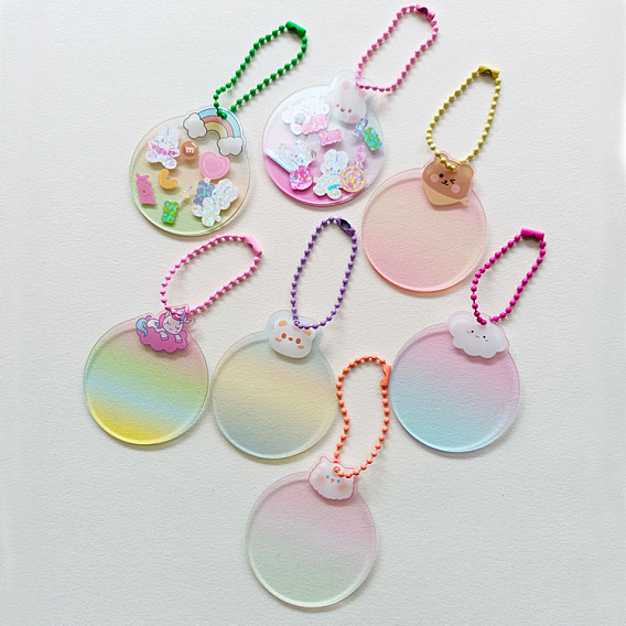 Ébauches de porte-clés pendentif disque de bricolage acrylique progressif, avec des chaînes à boules de couleurs aléatoires, plat rond