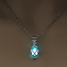 Alloy Pineapple Cage Pendant Necklace with Synthetic Luminaries Stone, Glow In The Dark Jewelry for Women