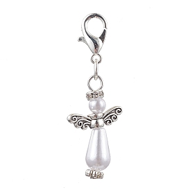 Plastic Imitation Pearl Pendant Decorations, with Alloy Findings, Angel