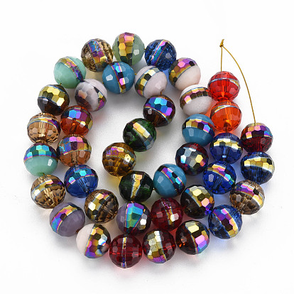Electroplate Transparent Glass Beads Strands, Rainbow Color Plated, Faceted, Round