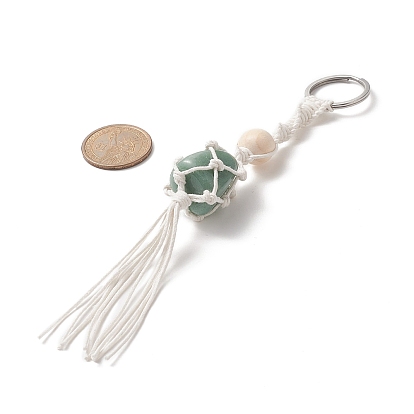 Хлопковая нить макраме мешочек драгоценный камень кисточка брелок, с деревянной бусиной и 304 разъемными кольцами для ключей из нержавеющей стали