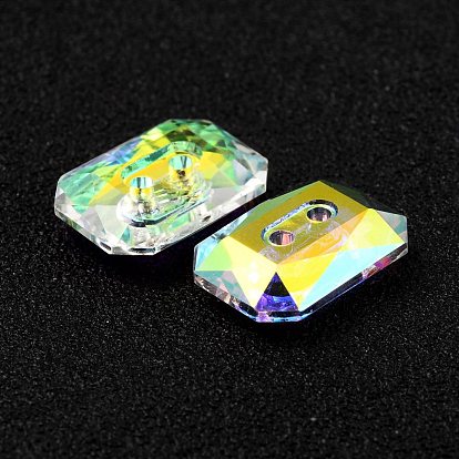 2-Hole Rectangle Glass Rhinestone Buttons, Back Plated, Faceted