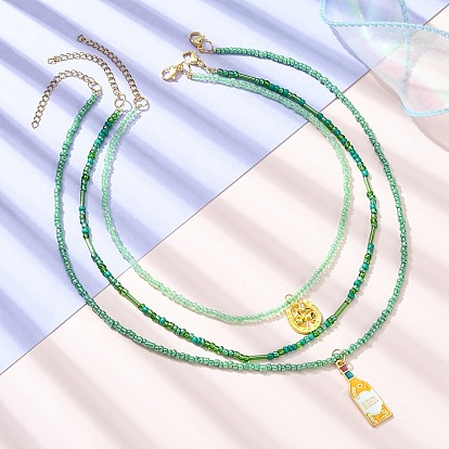 3pcs 3 colliers à pendentif en alliage d'émail de style sertis de chaînes de perles de graines de verre, trèfle et bouteille