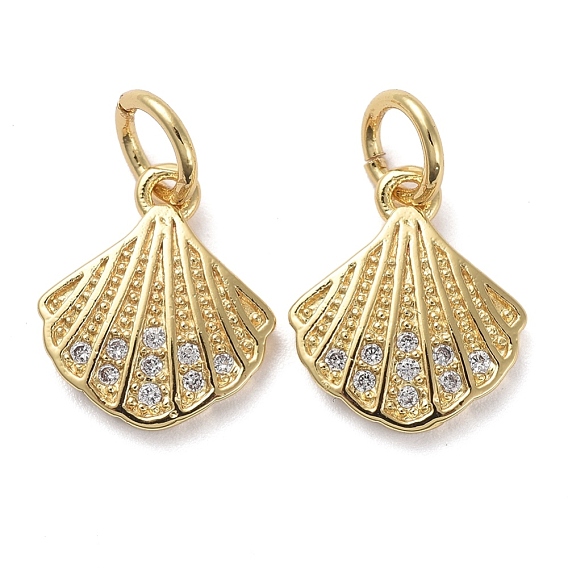 Brass Micro Pave Clear Cubic Zirconia Charms, with Jump Rings, Shell Shape