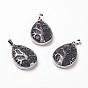 Natural Lava Rock Pendants, with Brass Findings, Teardrop with Tree of Life, Platinum