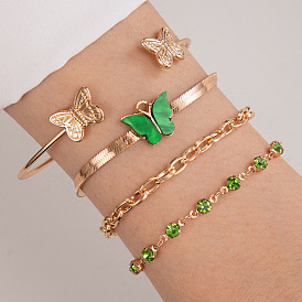 Green Diamond Four-Piece Bracelet Set with Butterfly Open Cuff