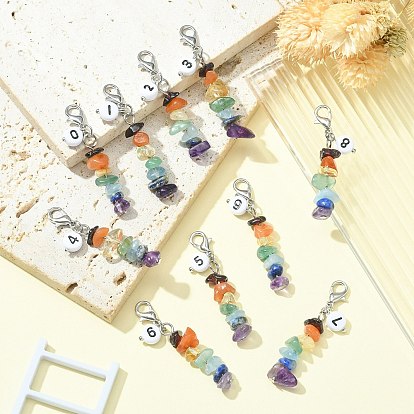 Chakra Natural Gemstone Chips Pendant Decoration, with Flat Round and Black Number Acrylic Beads, Zinc Alloy Lobster Claw Clasps